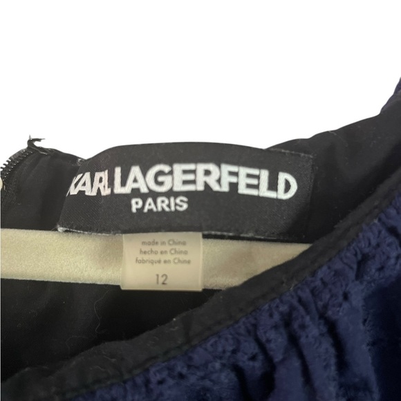 Karl Lagerfeld Paris Navy Off-Shoulder Eyelet Dress SZ 12 Ruffle Neck Cotton Mid - Picture 2 of 8